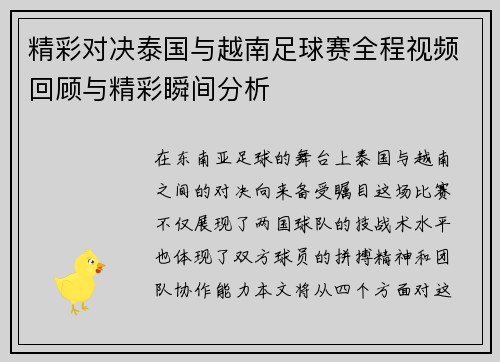精彩对决泰国与越南足球赛全程视频回顾与精彩瞬间分析