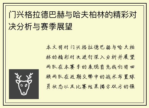 门兴格拉德巴赫与哈夫柏林的精彩对决分析与赛季展望